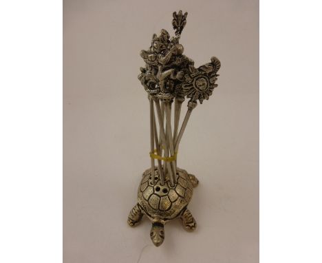 White Metal Tortoise Cocktail Stick Stand with Cocktail Sticks