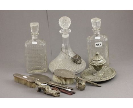 Cut Glass Ships Decanter with Port Label, Two Other Decanters, Four Piece Silver Backed Dressing Table Set Inkwell and Swan C