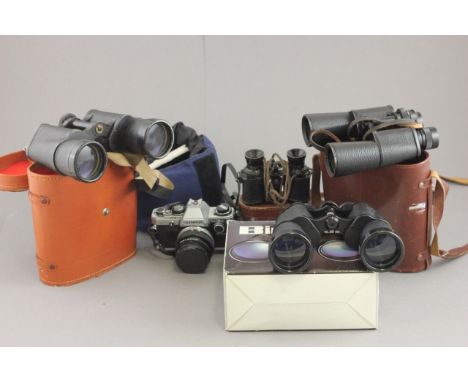 Three Leather Cased Pairs of Binoculars, Super Zenith Binoculars and an Olympus OM10 Camera in Case