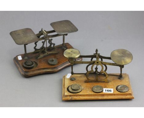 Two Vintage Gilt Brass Postal Scales with Weights
