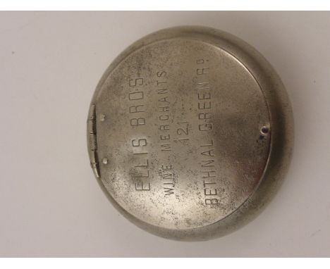 Vintage Circular White Metal Snuff Box impressed to lid Ellis Bros, Wine Merchants, 121 Bethnal Green Road