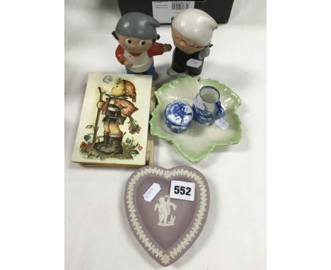 Two Plastic Hummel Dolls together with Two Wooden Hummel Plaques, Wedgwood Pink Jasperware Pin Tray, Two Leaf Plates and Smal