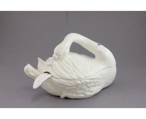 Large White Glazed Tureen and Ladle in the form of a Swan