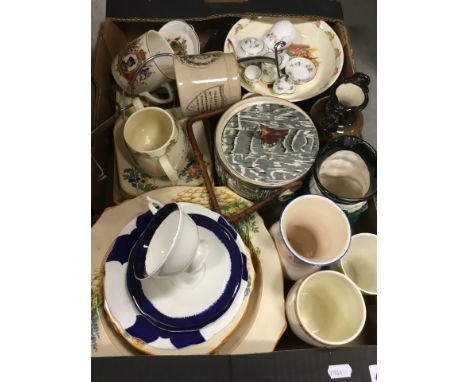 Tray of Mixed Ceramics including Coronation and Commemorative Mugs, Toby Jug, Biscuit Barrel, Royal Doulton Bunnykins Items, 