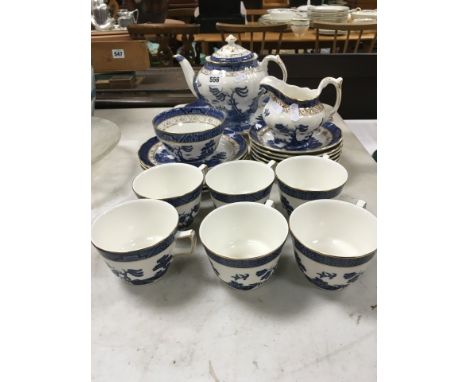 Royal Doulton Booths Real Old Willow Tea Service comprising Teapot, Sugar Bowl, Milk Jug, Sandwich Plate, 6 Tea Plates, 6 Sau