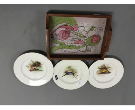Small Rennie Mackintosh Style Tray and Three Royal Worcester Plates decorated with Birds