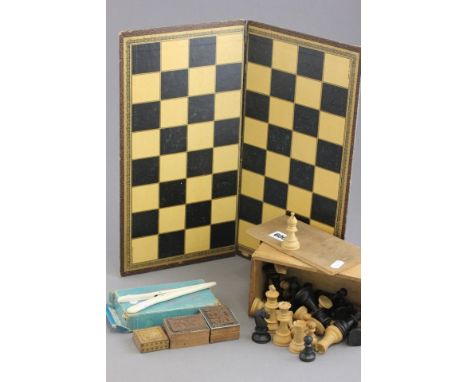 Wooden chess set, draughts set, Tunbridge ware stamp box, two small carved boxes and bone glove stretchers