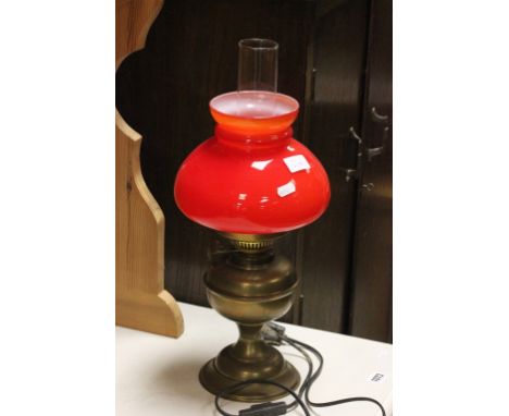 Brass Oil Lamp with Red Glass Shade