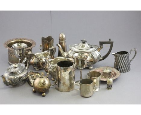 Collection of Silver Plated Items including Tea Service, Sugar Shaker, Tankards, etc