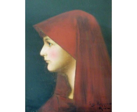 Continental School, portrait study of a young woman wearing a red scarf in profile, shoulder length, indistinctly signed, 28c