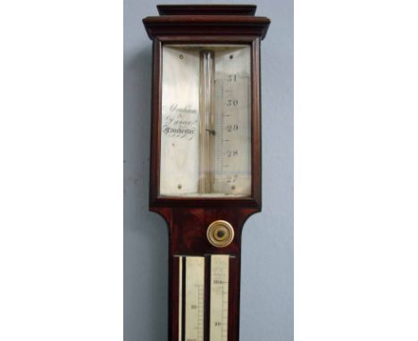 A Victorian mahogany stick barometer by Abraham and Dancer, pagoda top, the rectangular bone register inscribed Abraham and D