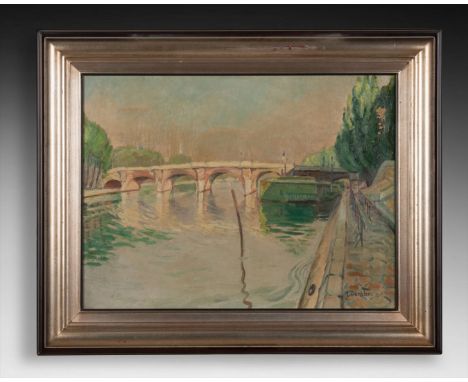 R. DANSLER (XXe siècle)  Vue sur le Pont Neuf Huile sur toile Signé en bas à droiteH. 46 cm - L. 61 cm Petits manques sur la 