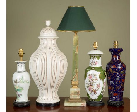 Five assorted lamps, comprising of one large white ceramic lampbase, 56cm h, one tall green marbled effect lampstand on a squ