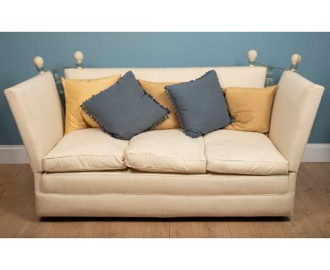 A modern Knowle type sofa upholstered in cream material, 194cm wide x 83cm deep x 103cm highMinor marks and stains to the uph