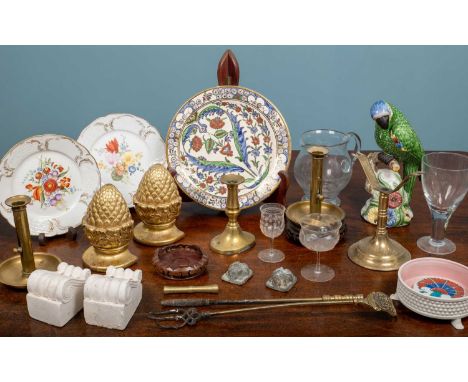 An assortment of miscellaneous items to include one Iznik style Greece made plate, two wooden oriental stands, two classic ro