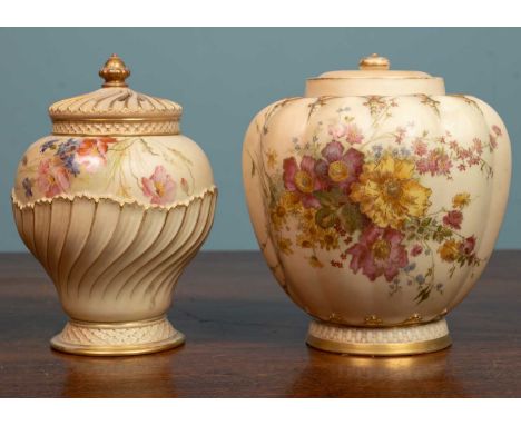 Two Royal Worcester blush ivory vases, one with a changeable lid, marked 'Ra.No.112589' '1312', gilt and florally painted, 20