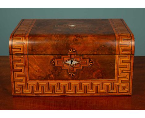 A walnut veneered sewing box, with mother of pearl detail and a veneered wood design, blue fabric interior, 16 x 30cmUsed con