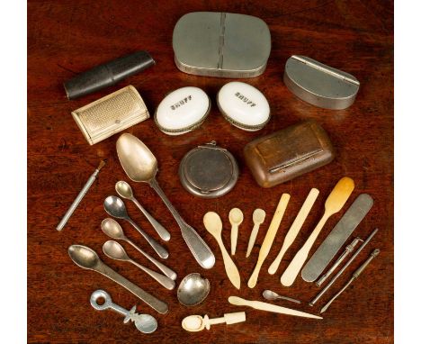 A group of 8 snuff boxes and various snuff spoons, including a silver snuff box, and some silver spoons, and a small silver p