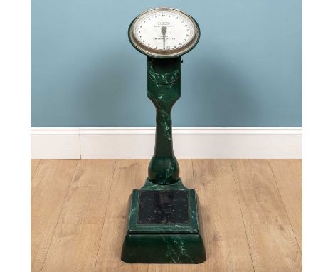 A Salters No. 218 'Compact' weighing machine, malachite green, 83cm hUsed condition, but working order.