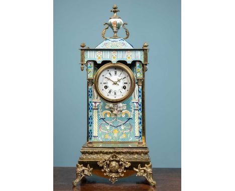 A modern cloisonné enamel decorated mantle clock, the case with urn finial, painted dial, with a sprung movement striking on 