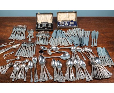 A canteen of Kings Pattern silver plated cutlery, two cased silver condiment sets, two silver teaspoons, six continental 800 