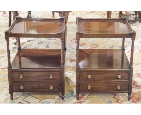 LAMP TABLES, a pair, George III design mahogany each with gallery top, two drawers and turned supports, 65cm H x 48cm x 42cm.