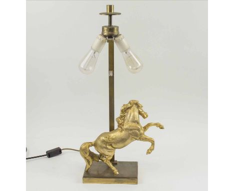 HOLLYWOOD REGENCY TABLE LAMP, Italian circa 1970's, gilt metal and brass, prancing horse twin branch design with silk shade, 