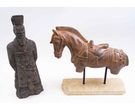 CHINESE TANG STYLE HORSE, 37cm x 34cm H max; and a diety figure, 39cm H both pottery. (2)