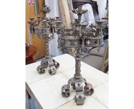 TABLE CANDELABRA, a pair, baronial gothic design, metal, each 61cm H x  32cm W. (2)