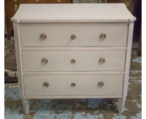 COMMODE, Gustavian style commode, traditionally grey painted with three long drawers and silvered mounts, stamped to rear, 'N
