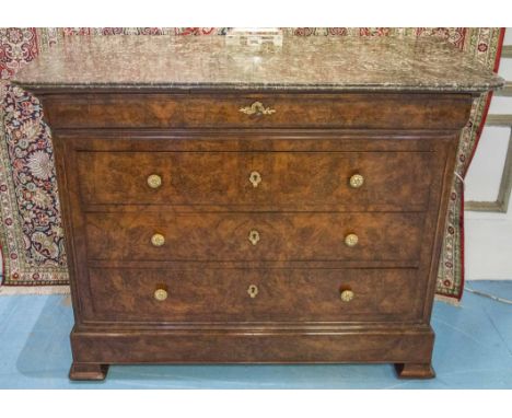 COMMODE, 19th century Louis Phillippe, burr walnut and gilt metal mounted with four long drawers, 102cm H x 128cm W x 68cm D.