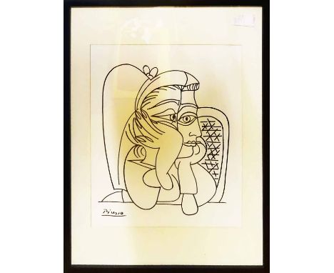 AFTER PABLO PICASSO 'Portrait of Jacqueline resting on her elbows', offset print, with stamped signature, 50cm x 40cm, framed