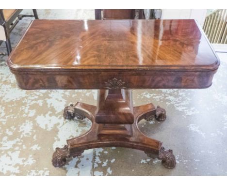 CARD TABLE, William IV flame mahogany rectangular fold over baize, shaped pillar and quatrafoil base, 92cm W x 74cm H x 46cm.