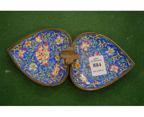 An enamel double heart shaped tray.