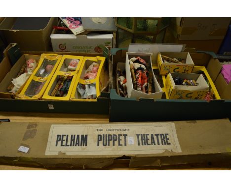 A good collection of Pelham puppets, mostly boxed together with a Pelham puppet theatre, boxed.