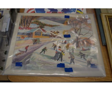 Playing in the snow, colour print and numerous other similar prints, all unframed.