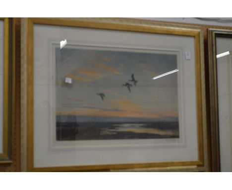 Peter Scott, flying birds at dusk, lithograph, signed in pencil.