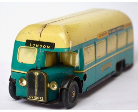 Chad Valley Tinplate National De-Luxe Express single deck bus London to Glasgow working clockwork with key lithographed tinpl