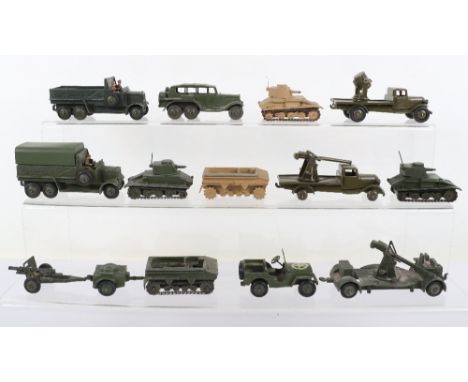 Military Dinky Toys including: 2 post war x 151b six wheel Army Transport Wagons, one with tin tilt, 2 x 152a Light Tanks wit