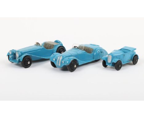 Dinky Toys 38a Fraser Nash BMW Sports, light blue, grey seats, black ridge wheels hubs, 38f Jaguar SS 100 Sport car, light bl