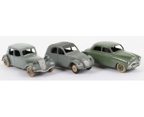 Three French Dinky Toys Cars, 24 N Citroen 11BL, 3rd version, grey body/wheel hubs,24T Citroen 2CV, light grey body, matt gre