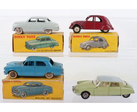 Four French Dinky Toys Cars,24B Peugeot 403 blue body, in fair to good original condition, box is poor missing all end flaps,