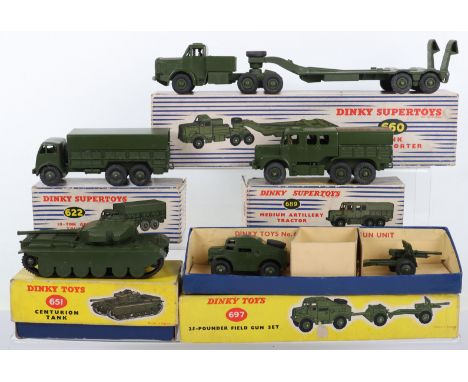 Five Boxed Dinky Toys Military Models,622 Foden 10-Ton Army Truck,651 Centurion Tank, 660 Mighty Antar Tank Transporter,689 M