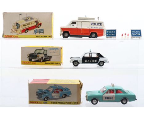 Three Boxed Dinky Toys  Police Vehicles, 270 Ford Escort Panda Police Car, light blue/white, spun wheel hubs, 287 Ford Transi