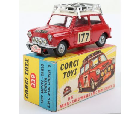 Corgi Toys 339 Monte Carlo 1967 Winner B.M.C Mini Cooper S-2nd issue, red body, white roof, red interior, cast wheel hubs, in