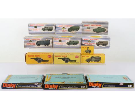 Thirteen Original Dinky Toys Military Empty Boxes, including: 622 10-Ton Army Truck,642 Pressure Refueller, 651 Centurion Tan