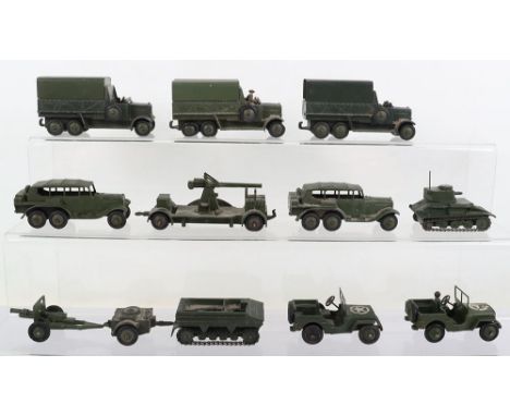 Quantity  of Early Issue Military Dinky Toys including: 3 post war x 151b six wheel Army Transport Wagons with tin tilts, 152