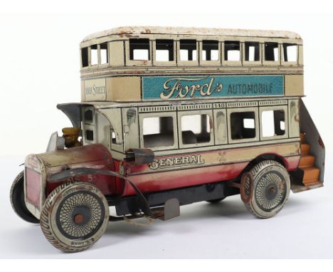 Gunthermann clockwork tinplate General Double Decker bus, German 1920s, lithographed in red and cream with rear stairs to upp