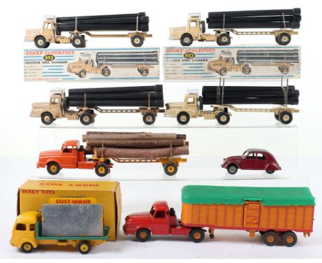 French Dinky Toys, boxed :33C 2 x 893 Unic Sahara Tractor with Pipe carrier semi-trailer, beige cab/chassis, white roof, beig