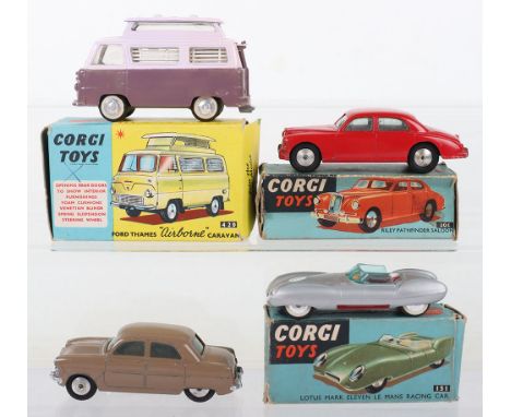 Three Boxed Vintage Corgi Toys Vehicles, 151 Lotus Mark Eleven Le Mans Racing Car, silver body, red interior, racing no ‘1’ b